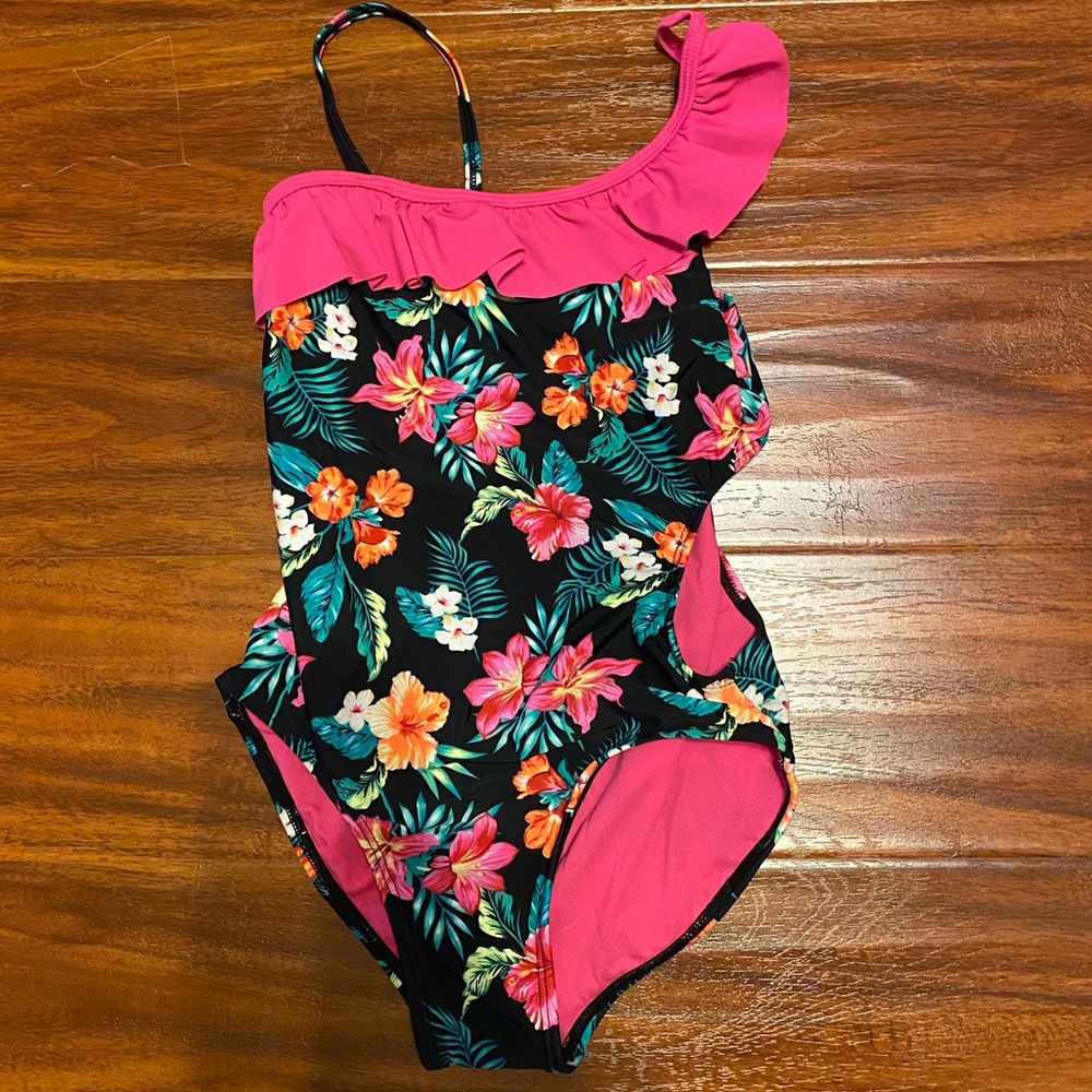 Girl’s One Piece Ruffle Floral Swimsuit (Size 7/8)